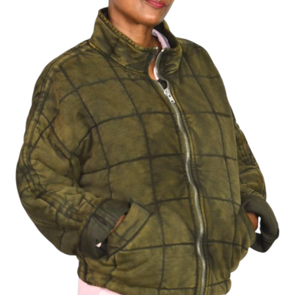 Free People Dolman Quilted Knit Jacket Green Olive Bomber Oversizes Cotton XS - Picture 6 of 16